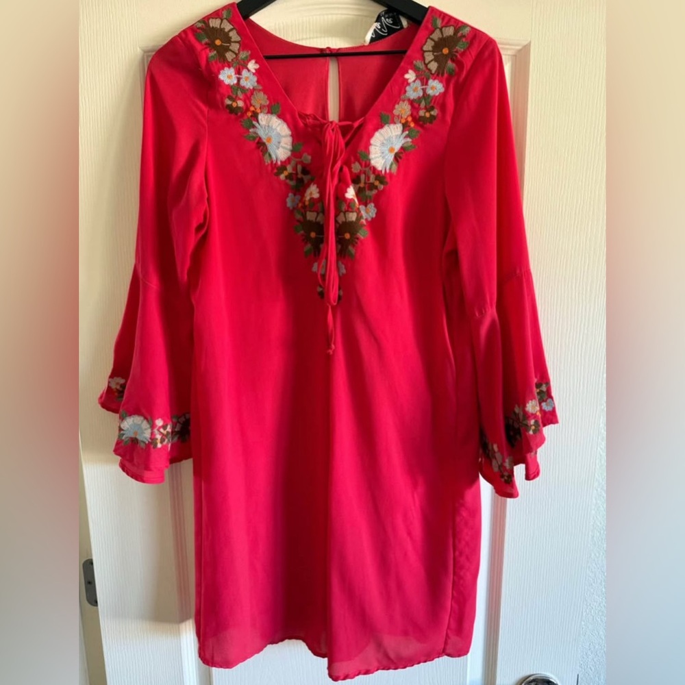 Bright Pink/Red Embroidered Tunic Dress